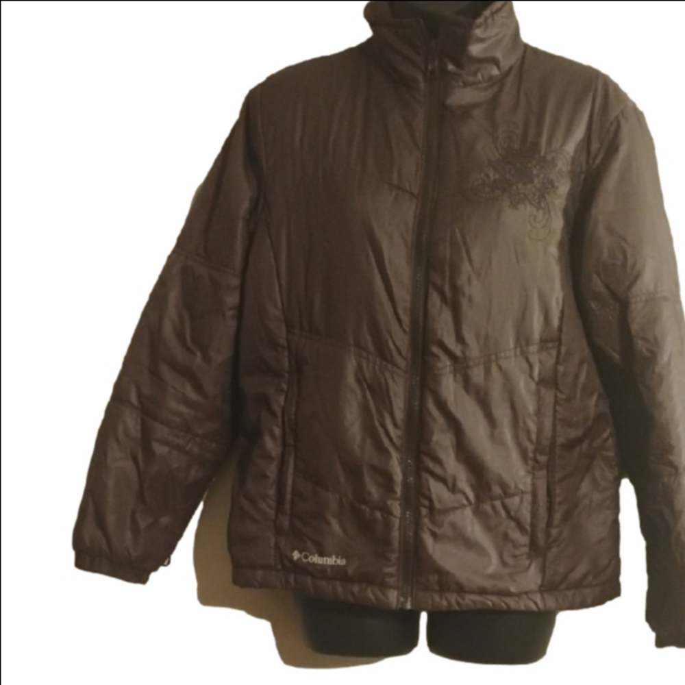 Columbia Women's Chocolate Puffer Jacket. Size Medium. Embroidery Accents.